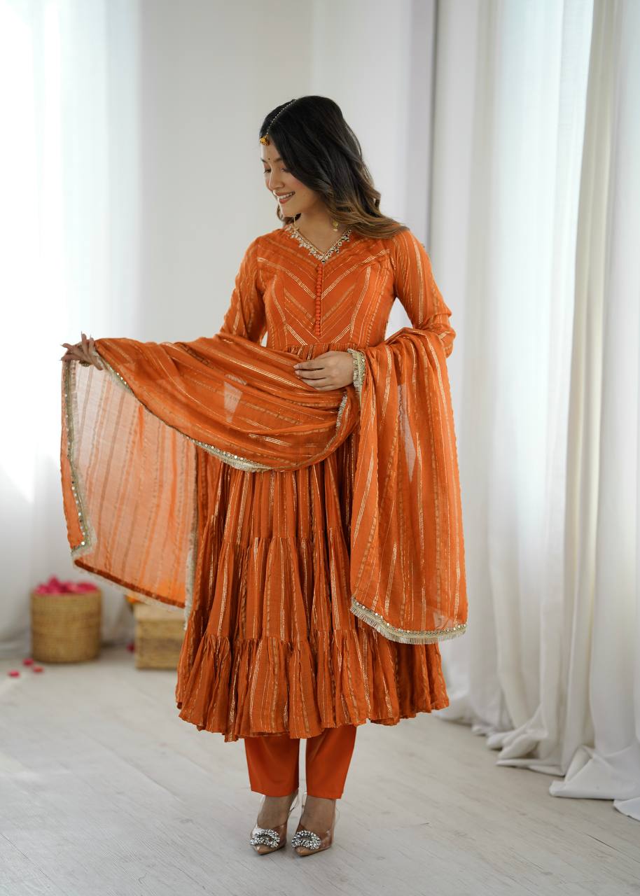 Orange chanderi women’s ethnic wear ruffle gown