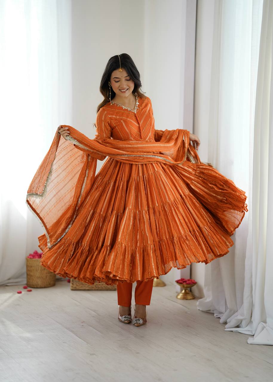 Orange chanderi women’s ethnic wear ruffle gown