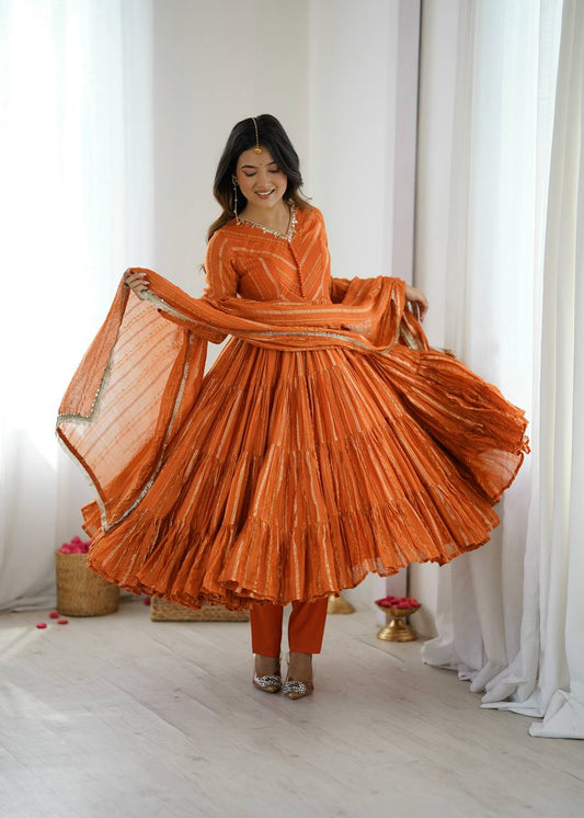 Orange chanderi women’s ethnic wear ruffle gown