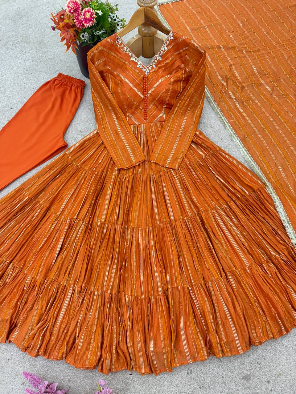 Orange chanderi women’s ethnic wear ruffle gown