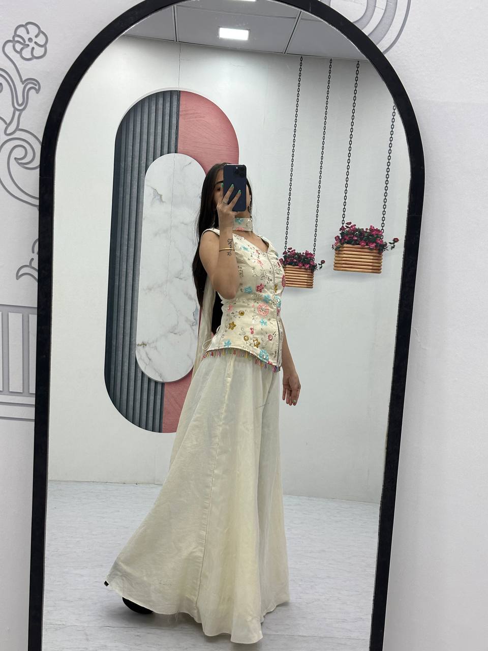 ivory pure tissue embroidery sequence work top-palazzo and dupatta set