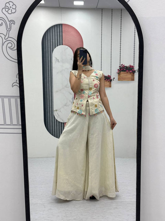 ivory pure tissue embroidery sequence work top-palazzo and dupatta set