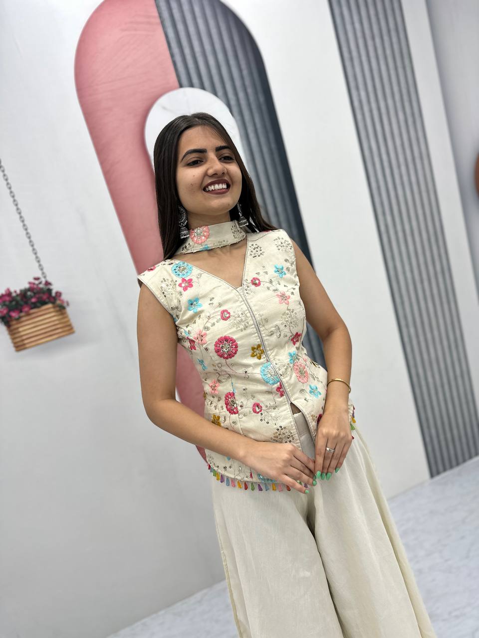 ivory pure tissue embroidery sequence work top-palazzo and dupatta set