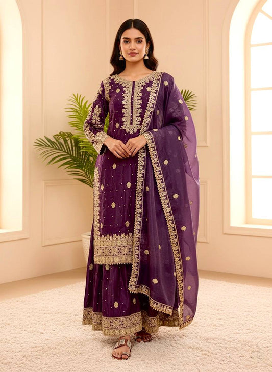 Purple crep silk with embroidery sequence work top-bottom and dupatta set fully stitched ready to wear