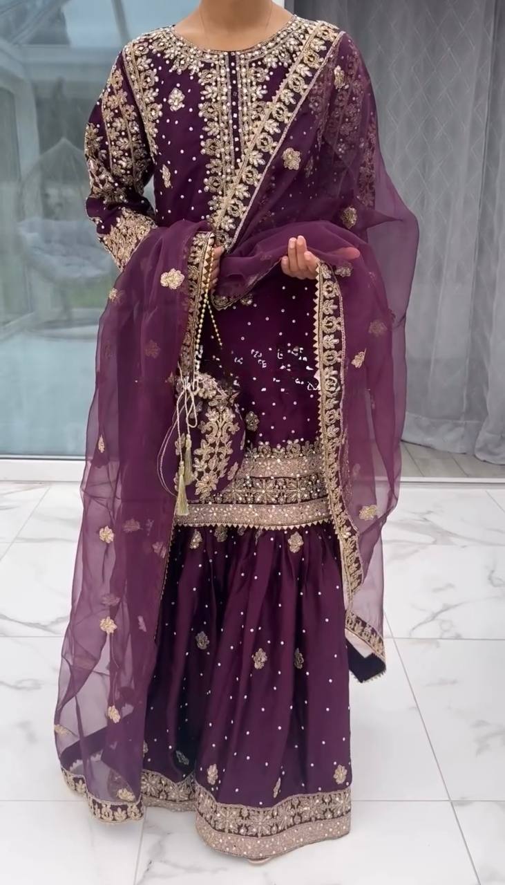 Purple crep silk with embroidery sequence work top-bottom and dupatta set fully stitched ready to wear