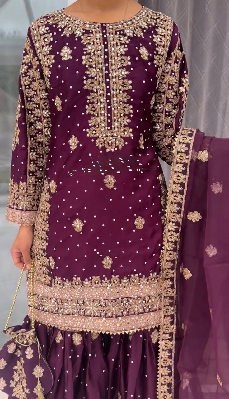 Purple crep silk with embroidery sequence work top-bottom and dupatta set fully stitched ready to wear
