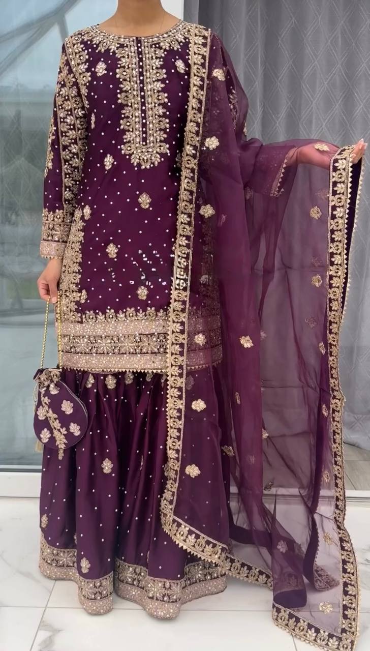 Purple crep silk with embroidery sequence work top-bottom and dupatta set fully stitched ready to wear