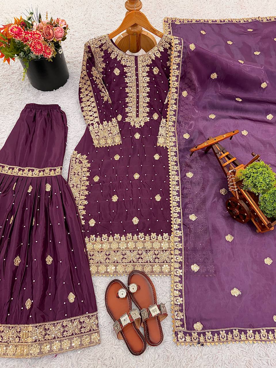 Purple crep silk with embroidery sequence work top-bottom and dupatta set fully stitched ready to wear