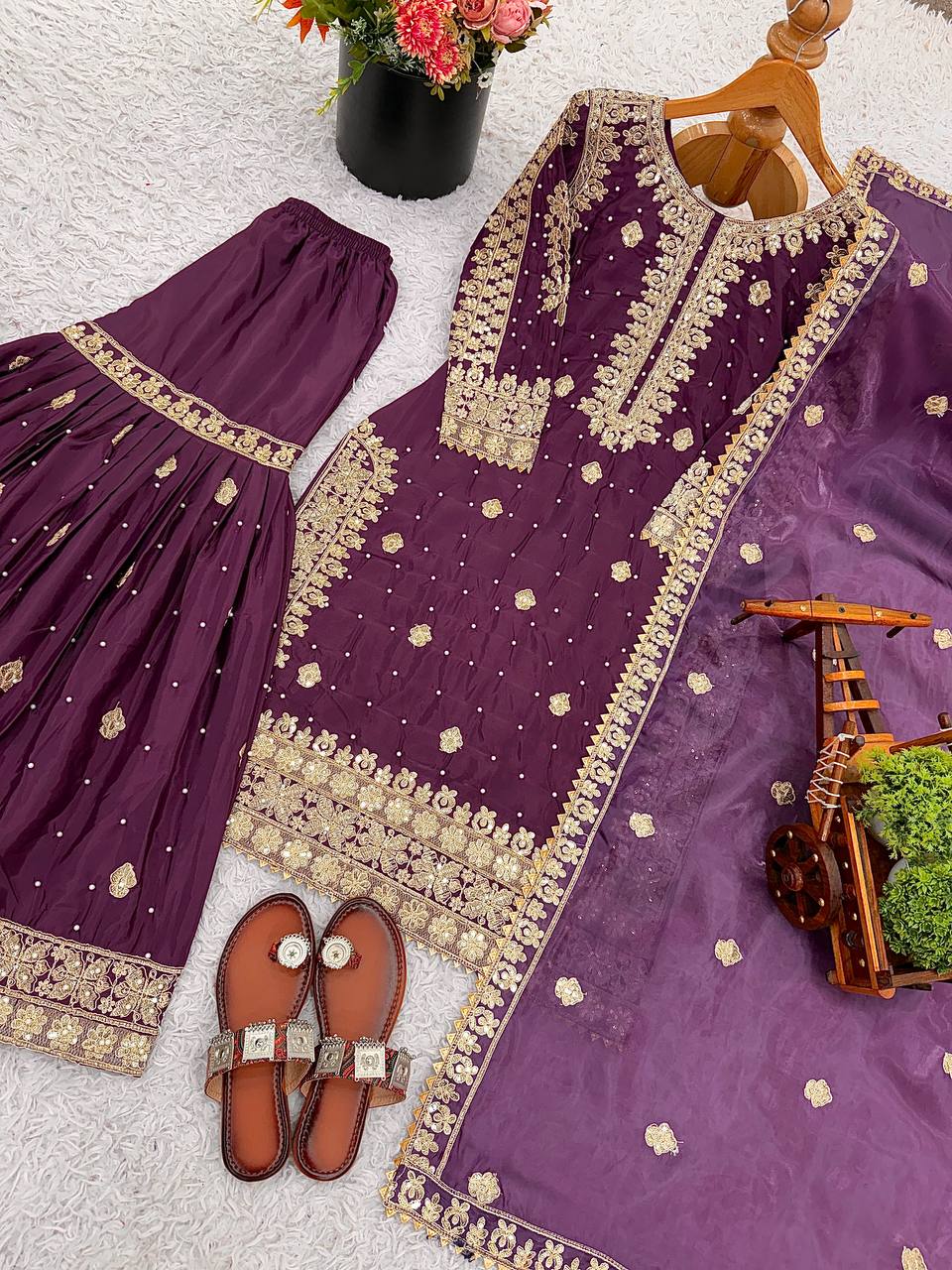 Purple crep silk with embroidery sequence work top-bottom and dupatta set fully stitched ready to wear
