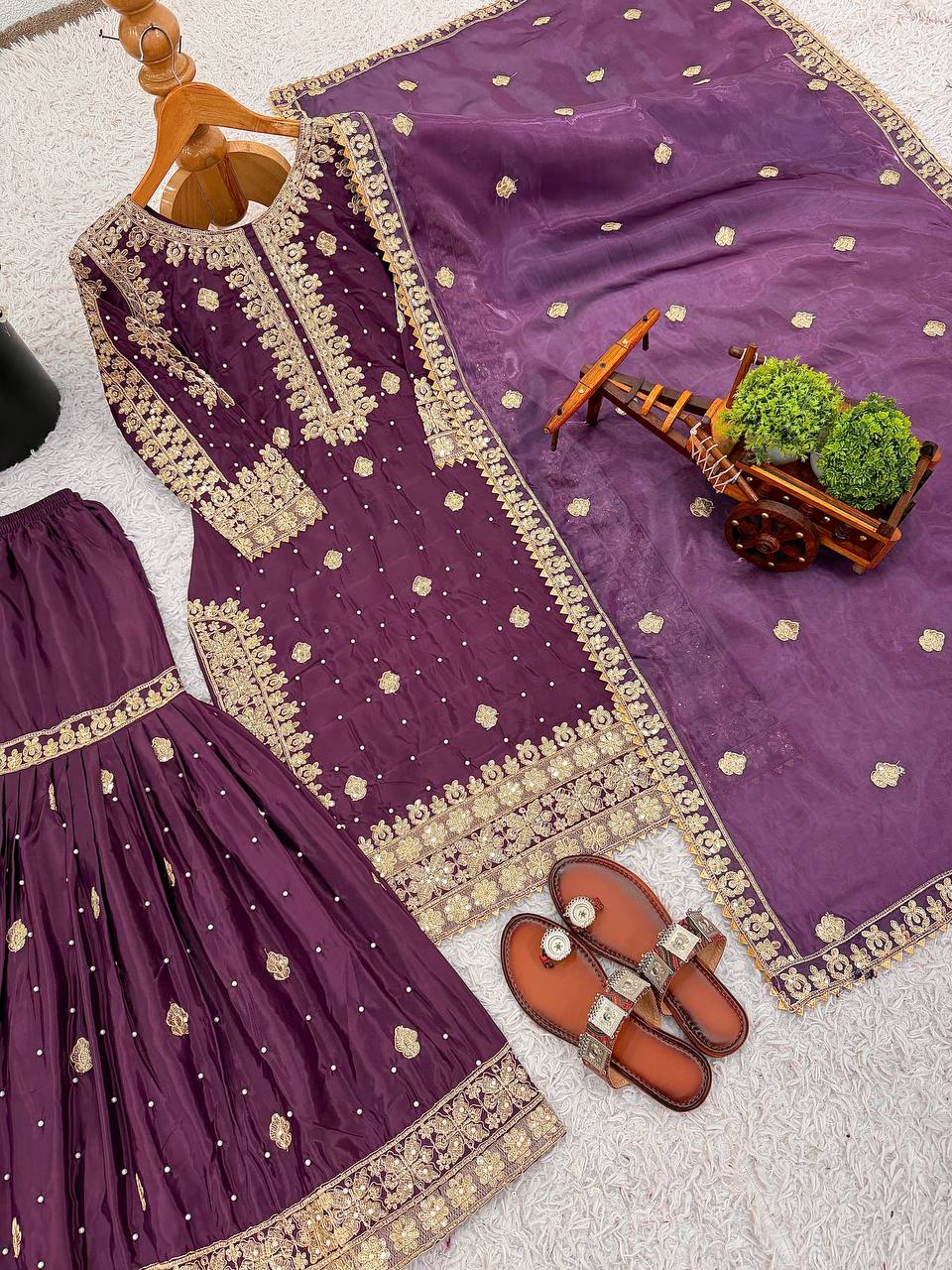 Purple crep silk with embroidery sequence work top-bottom and dupatta set fully stitched ready to wear
