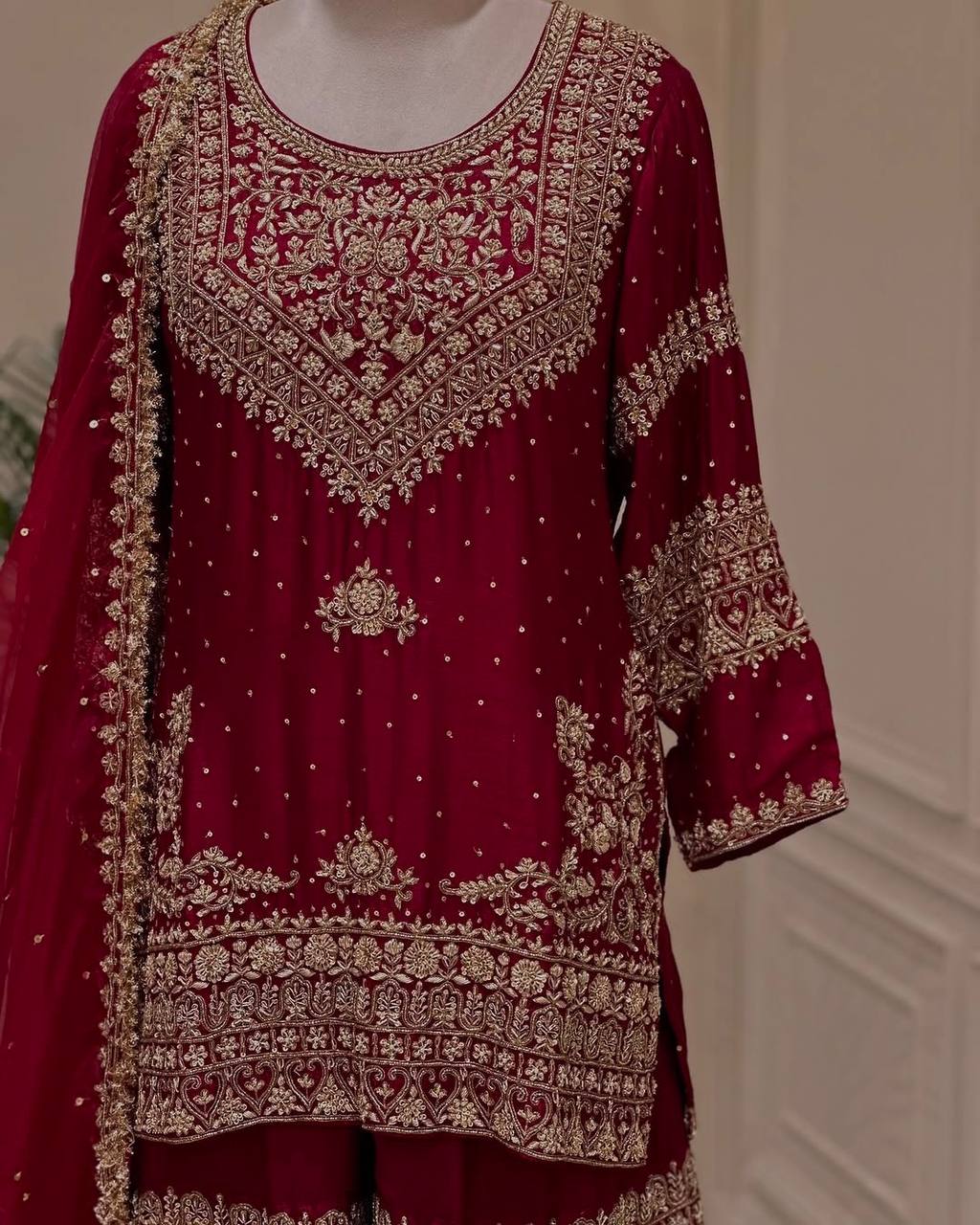 Red heavy georgette with beautiful embroidery sequence work ready to wear