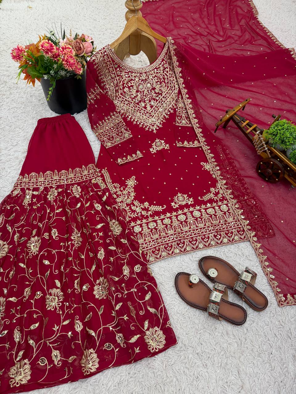 Red heavy georgette with beautiful embroidery sequence work ready to wear