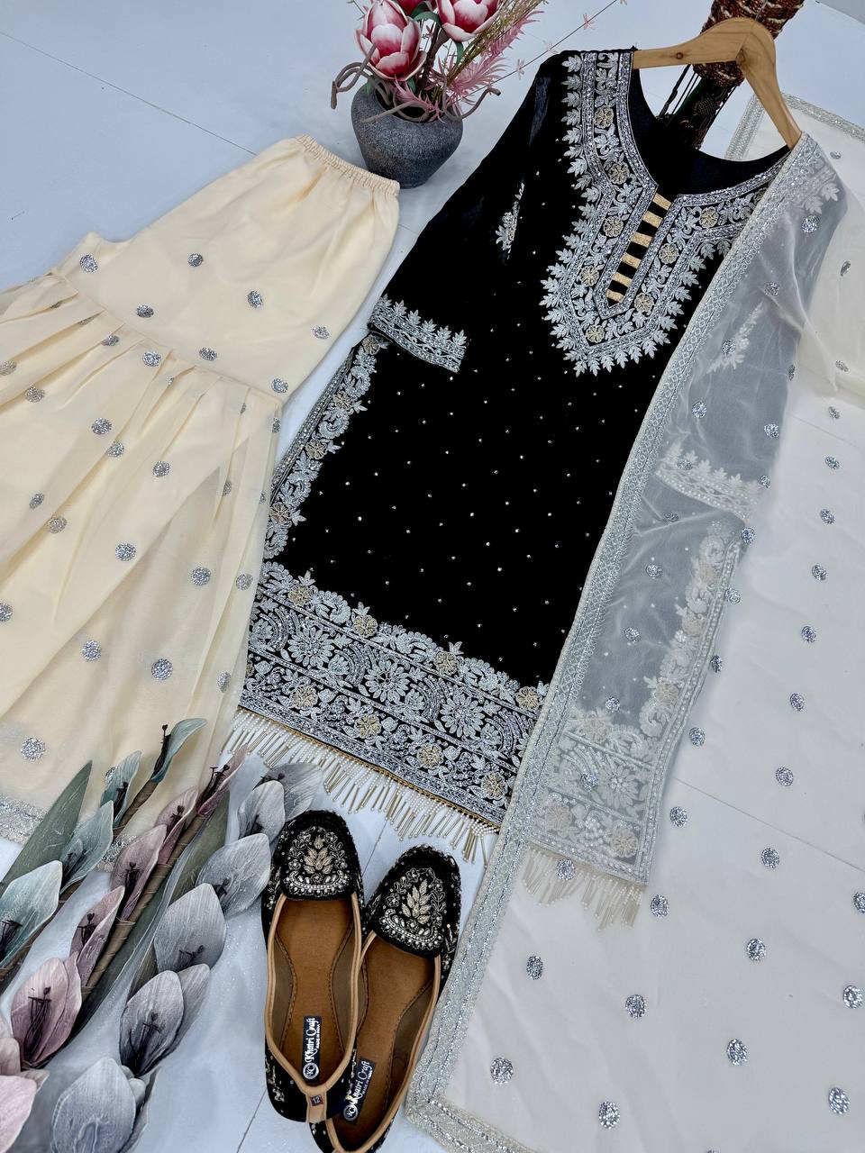 Black heavy fuax georgette sequence work with fancy lace sharara suit set