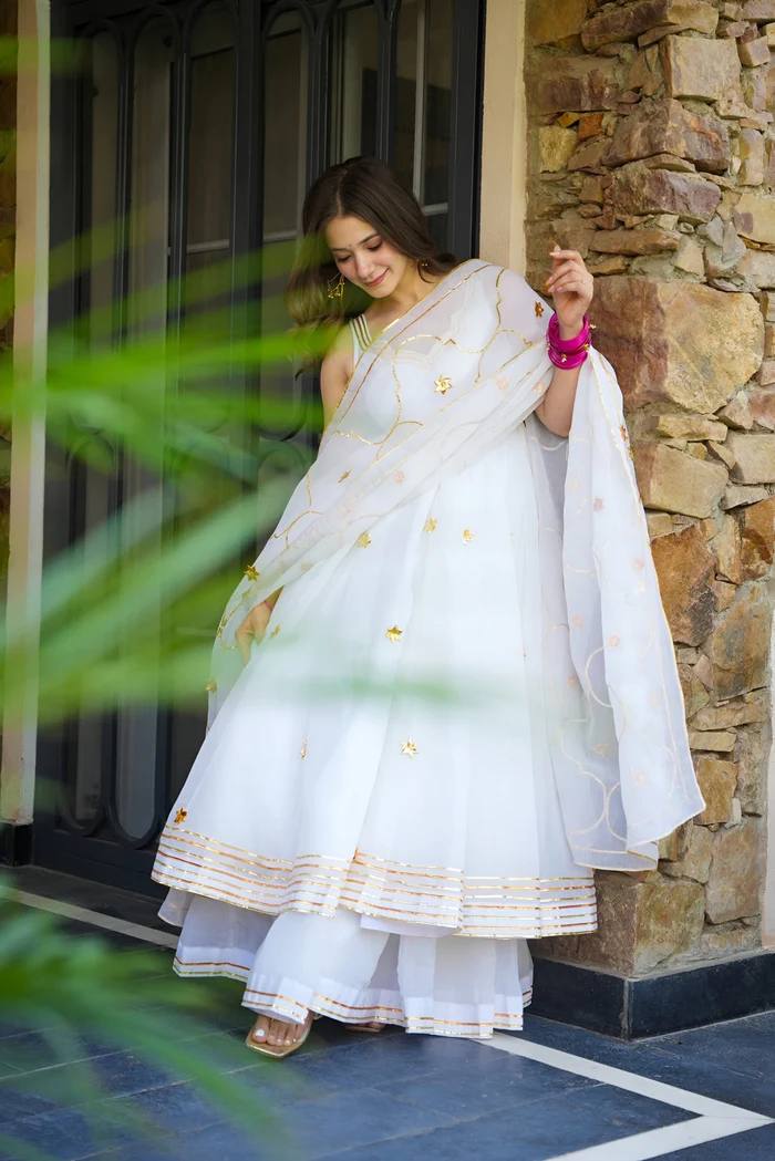 White faux georgette with embroidery work anarkali set