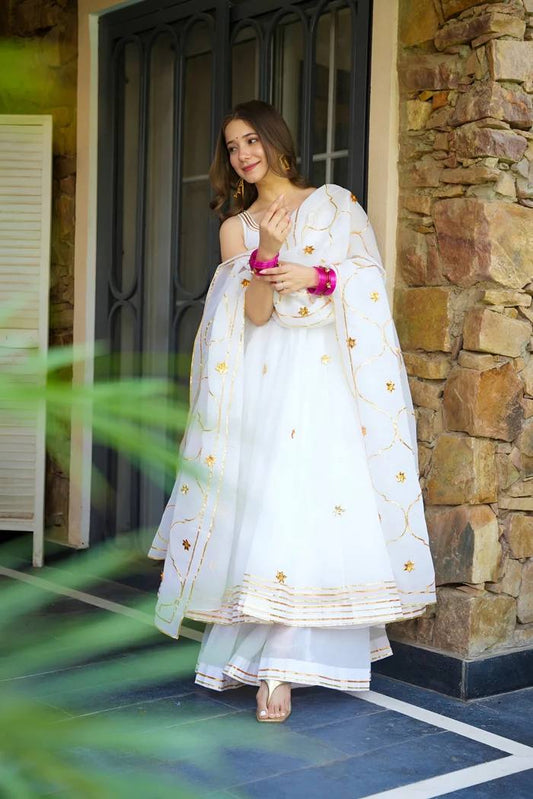 White faux georgette with embroidery work anarkali set