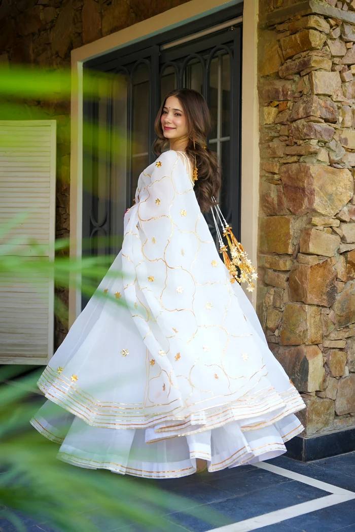 White faux georgette with embroidery work anarkali set