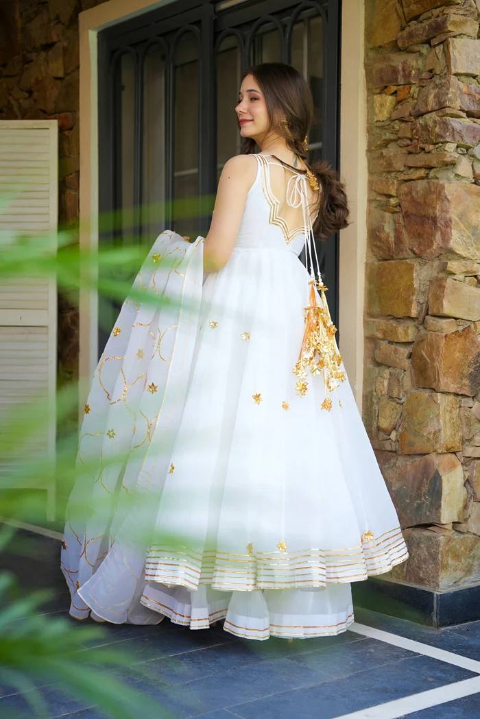 White faux georgette with embroidery work anarkali set