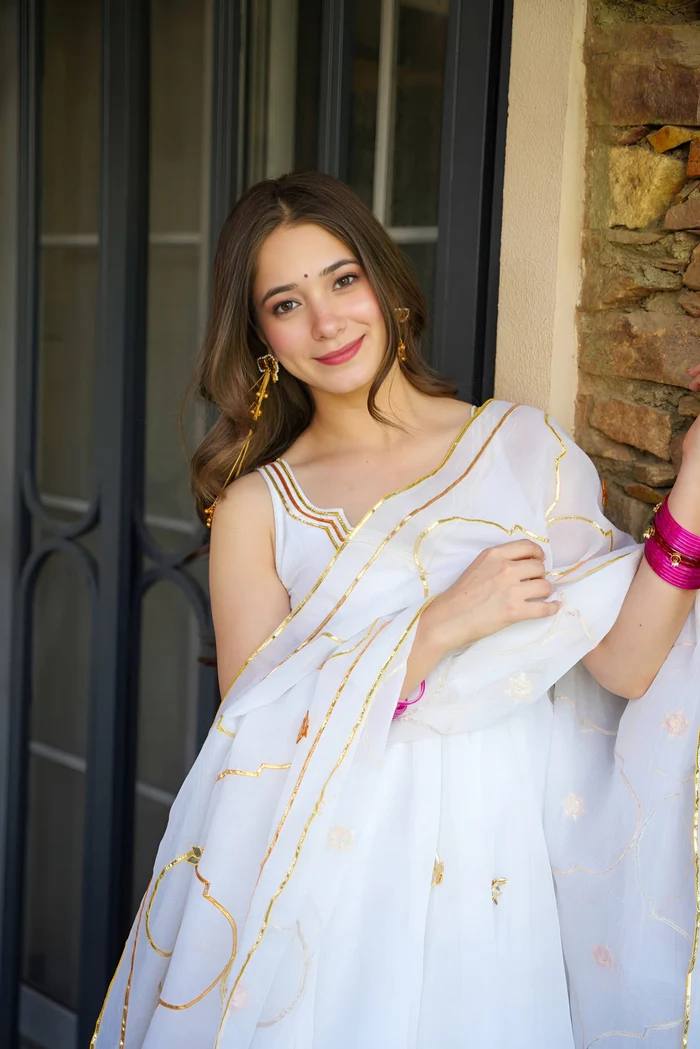 White faux georgette with embroidery work anarkali set