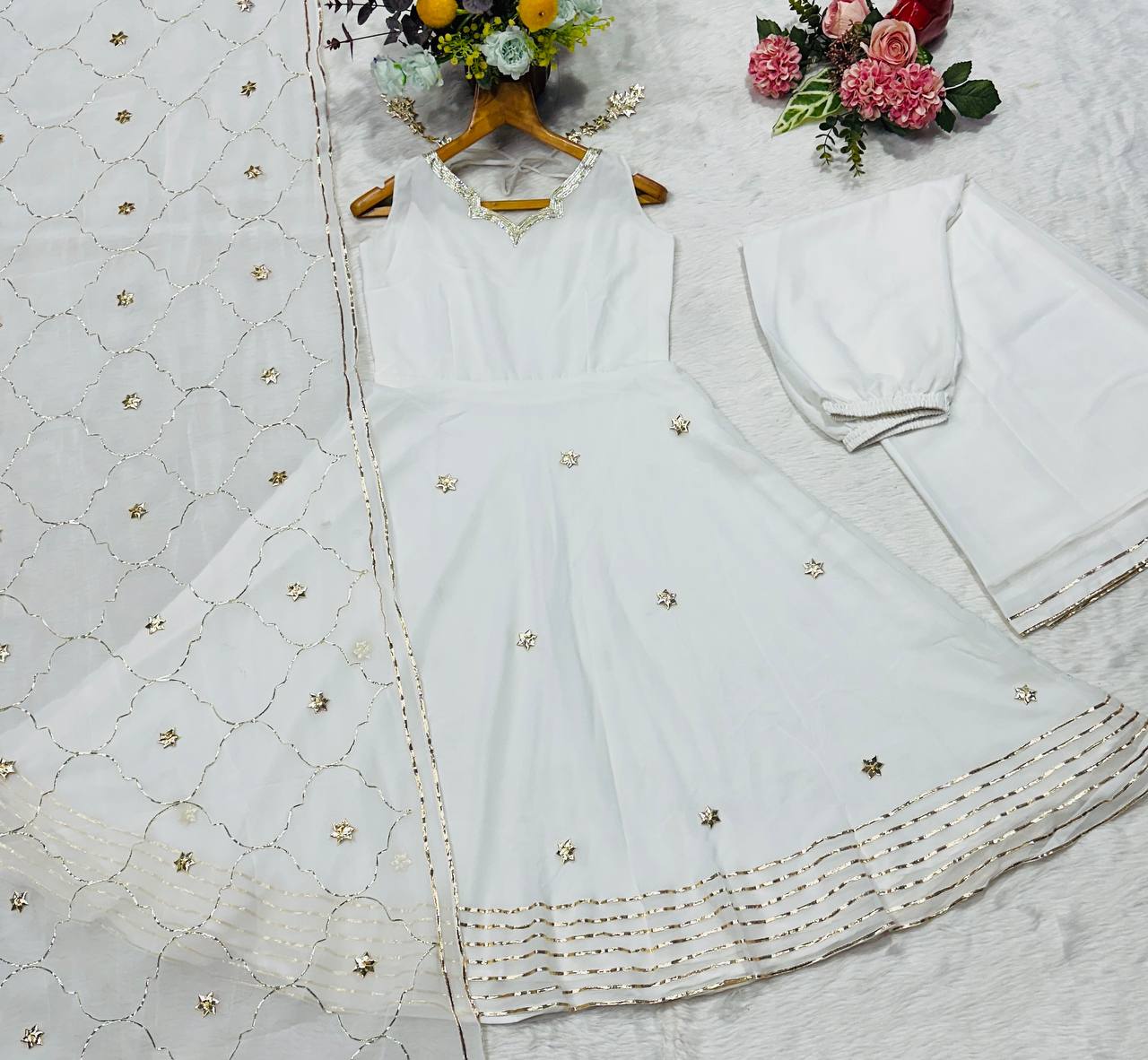 White faux georgette with embroidery work anarkali set