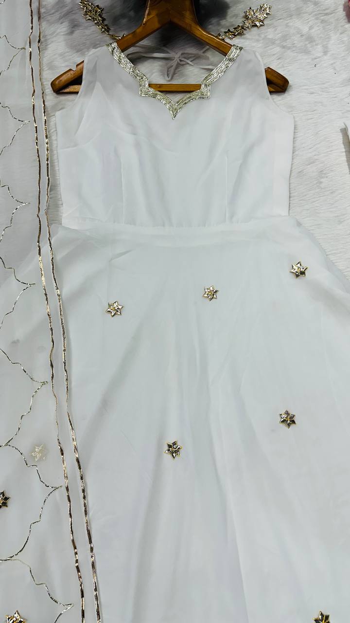 White faux georgette with embroidery work anarkali set