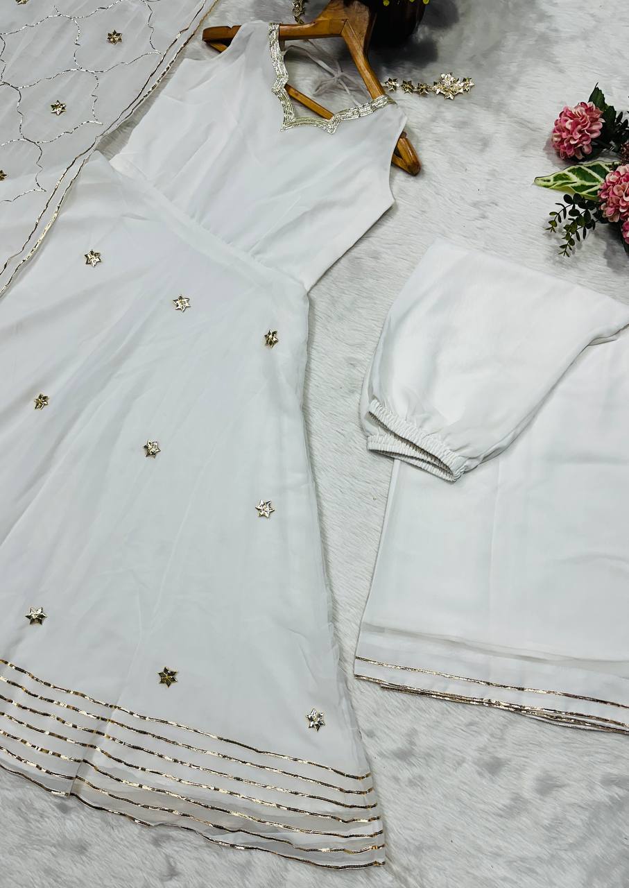 White faux georgette with embroidery work anarkali set