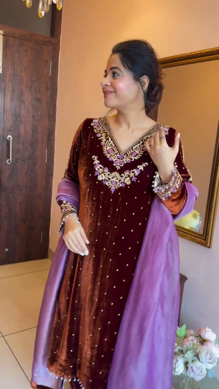 Brown VELVET embroidery work with lace kurti palazzo and dupatta