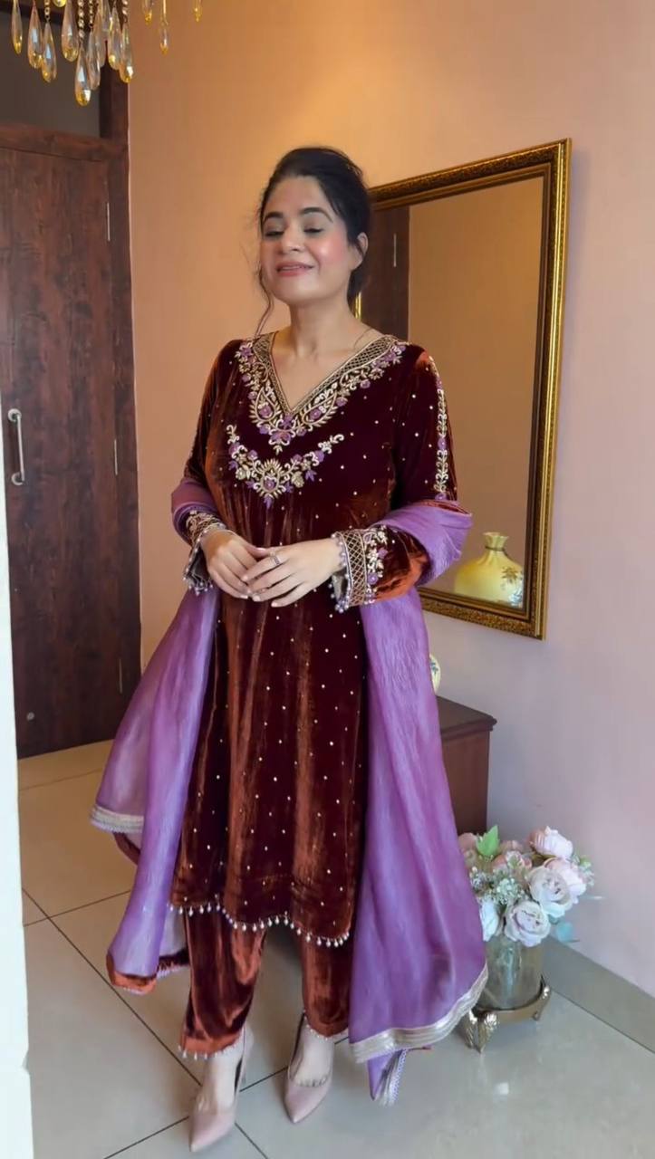 Brown VELVET embroidery work with lace kurti palazzo and dupatta