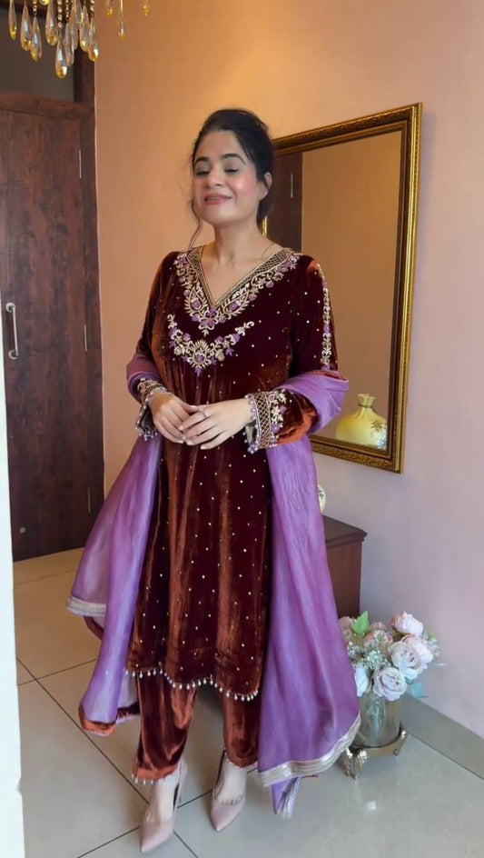 Brown VELVET embroidery work with lace kurti palazzo and dupatta