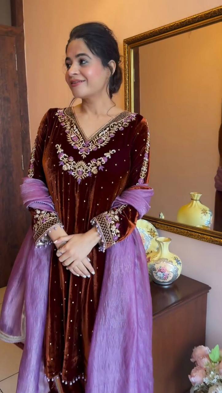 Brown VELVET embroidery work with lace kurti palazzo and dupatta