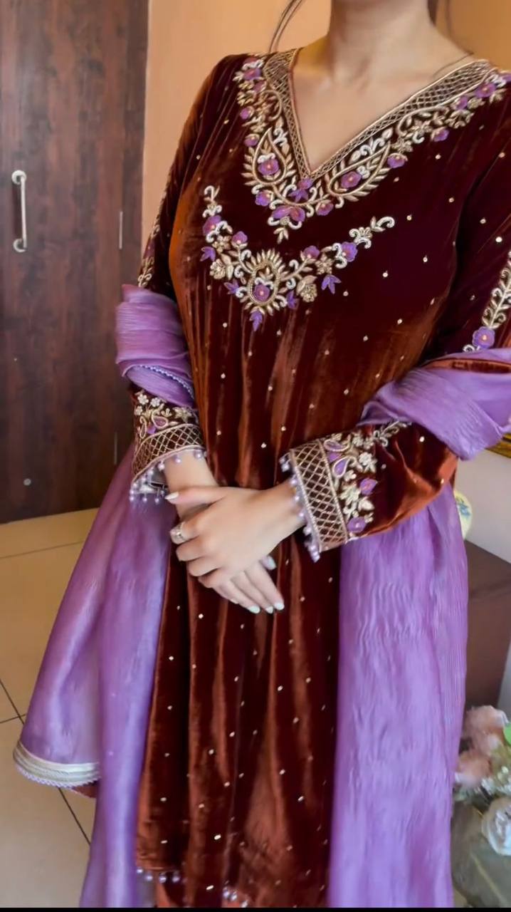 Brown VELVET embroidery work with lace kurti palazzo and dupatta