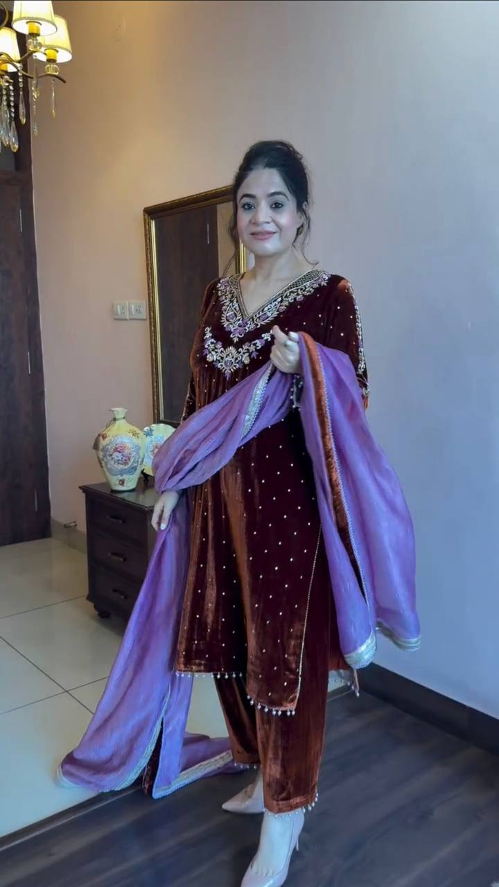 Brown VELVET embroidery work with lace kurti palazzo and dupatta