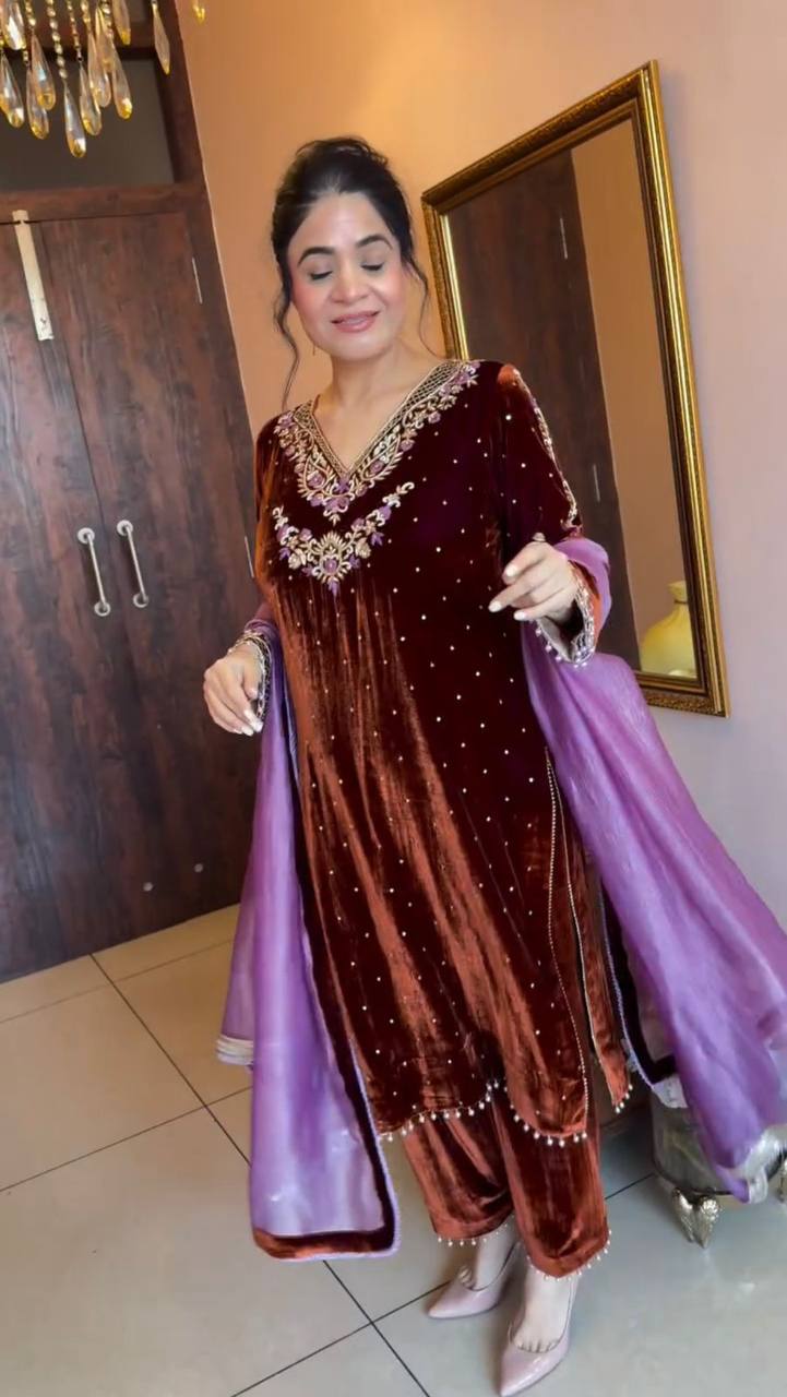 Brown VELVET embroidery work with lace kurti palazzo and dupatta