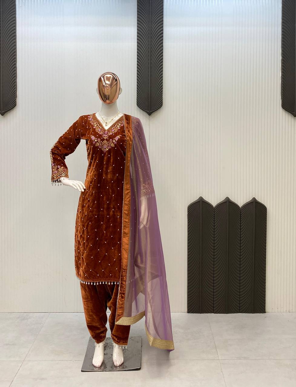 Brown VELVET embroidery work with lace kurti palazzo and dupatta
