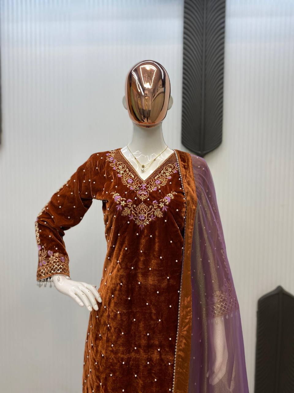 Brown VELVET embroidery work with lace kurti palazzo and dupatta