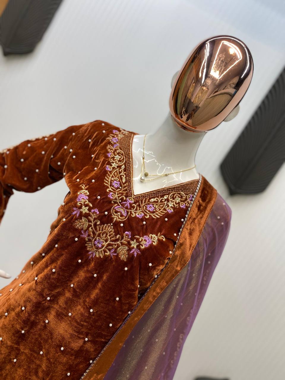 Brown VELVET embroidery work with lace kurti palazzo and dupatta