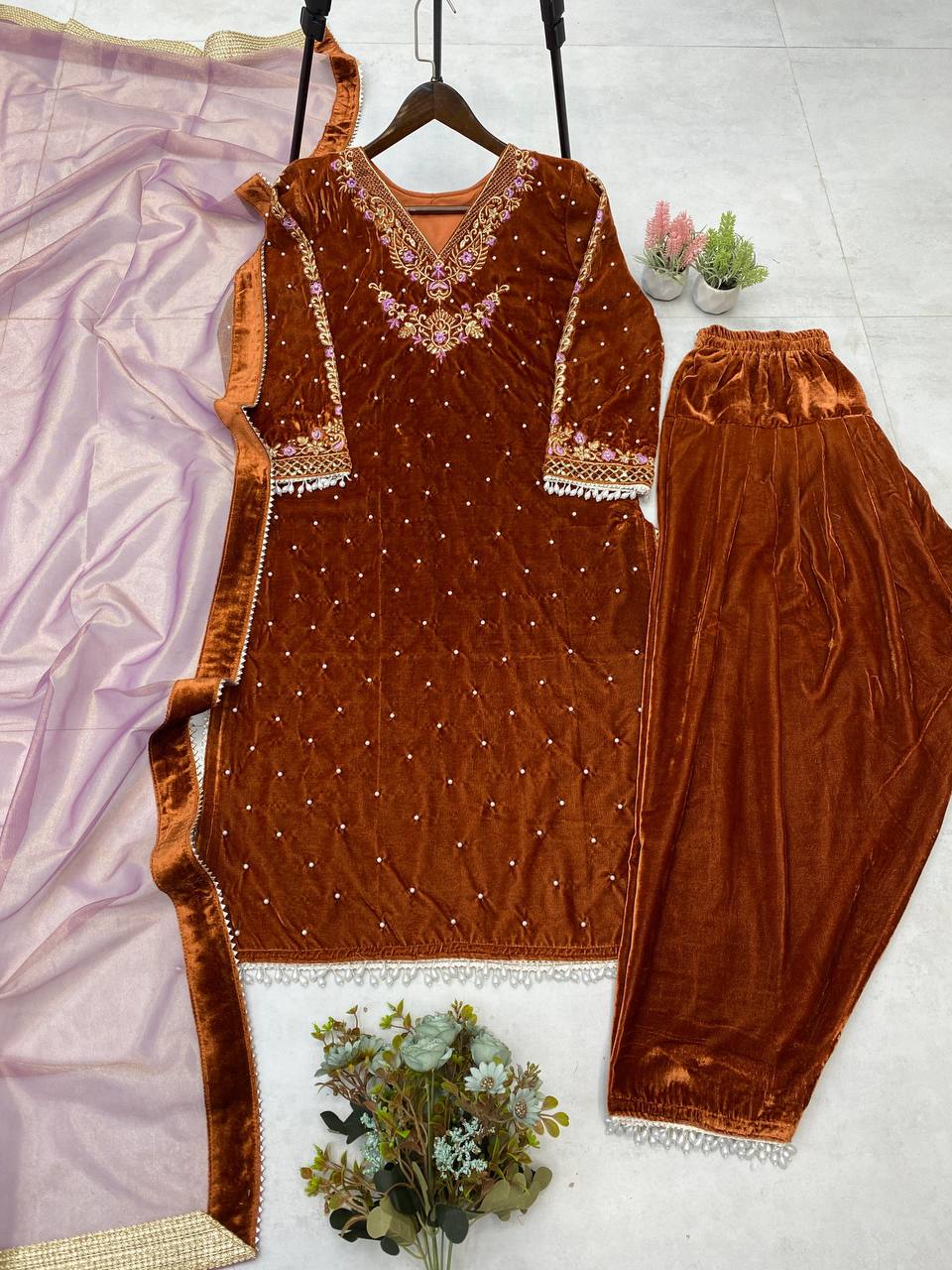 Brown VELVET embroidery work with lace kurti palazzo and dupatta