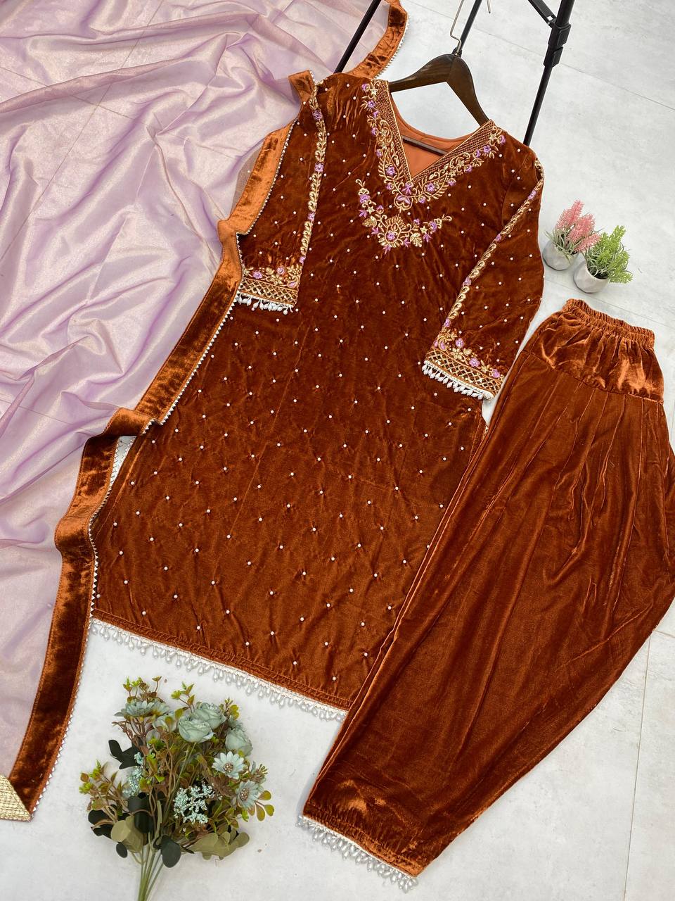 Brown VELVET embroidery work with lace kurti palazzo and dupatta