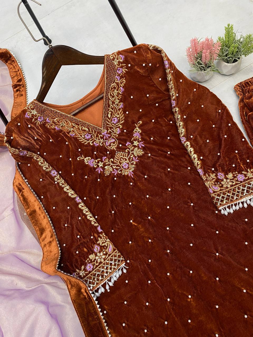 Brown VELVET embroidery work with lace kurti palazzo and dupatta
