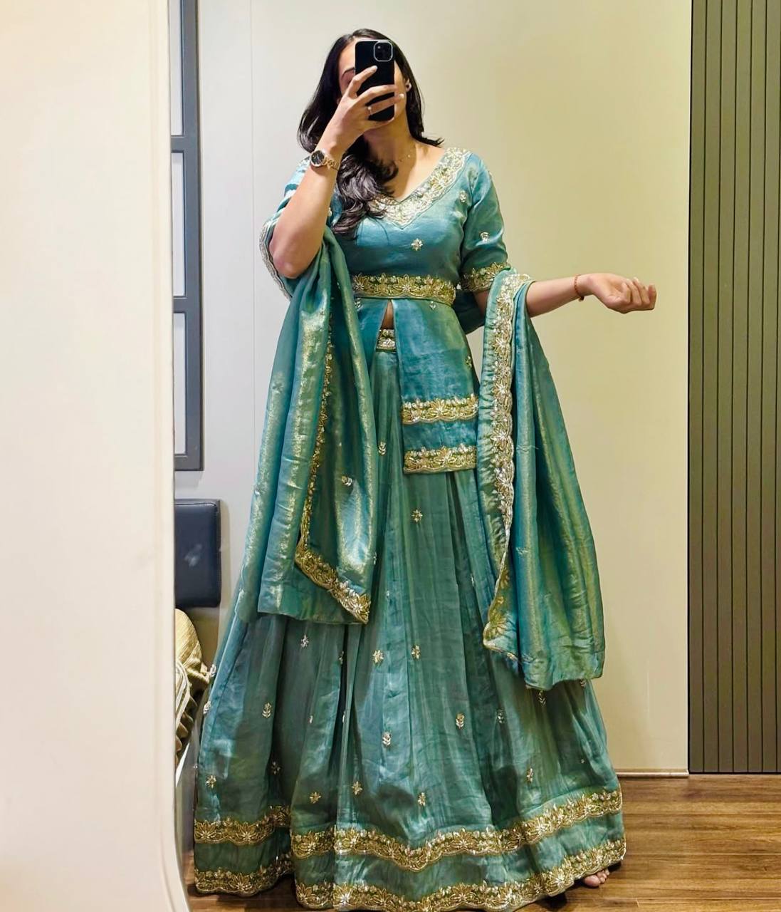 Green chinon silk thread & paip sequence work lehenga choli