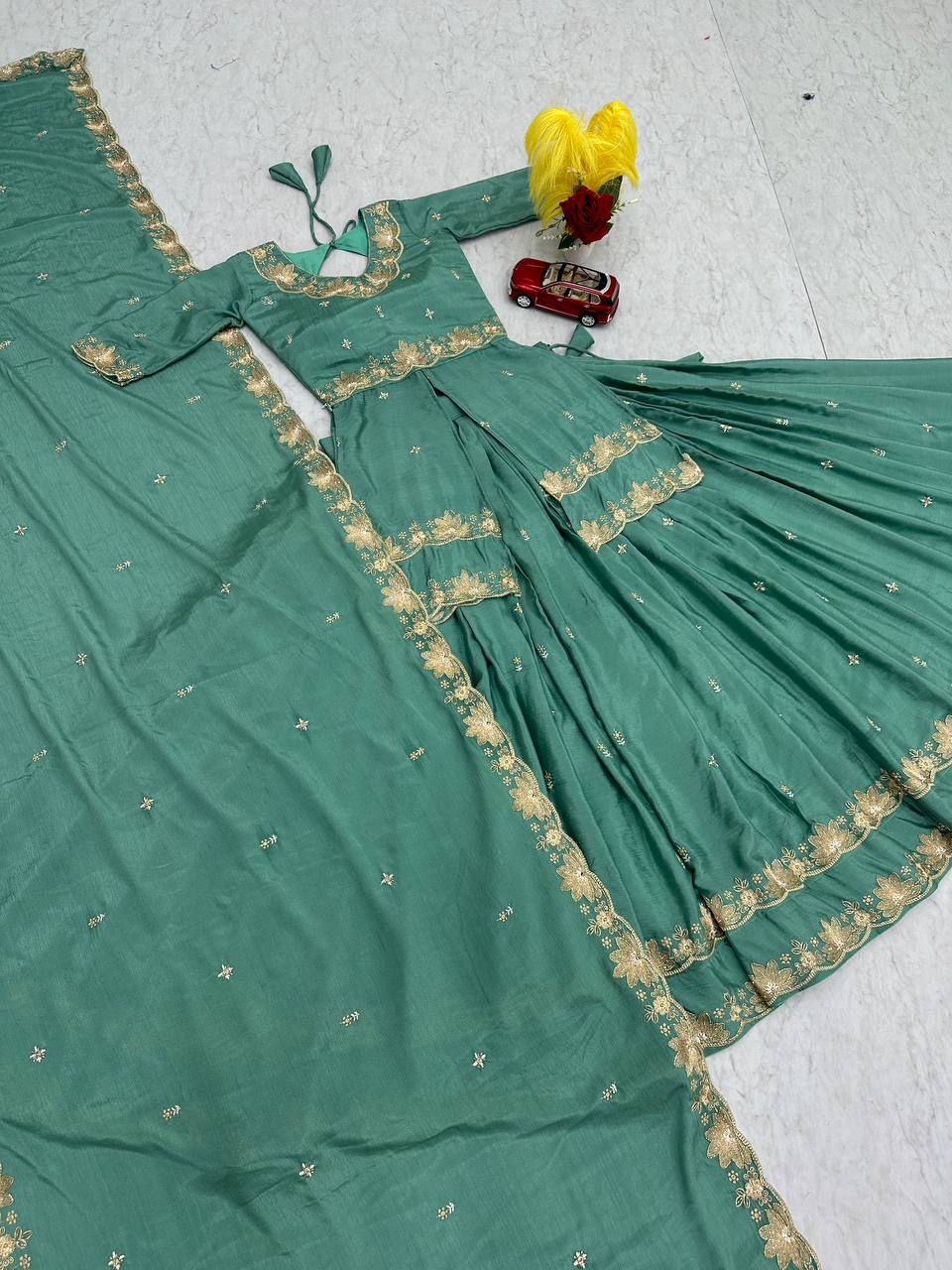 Green chinon silk thread & paip sequence work lehenga choli