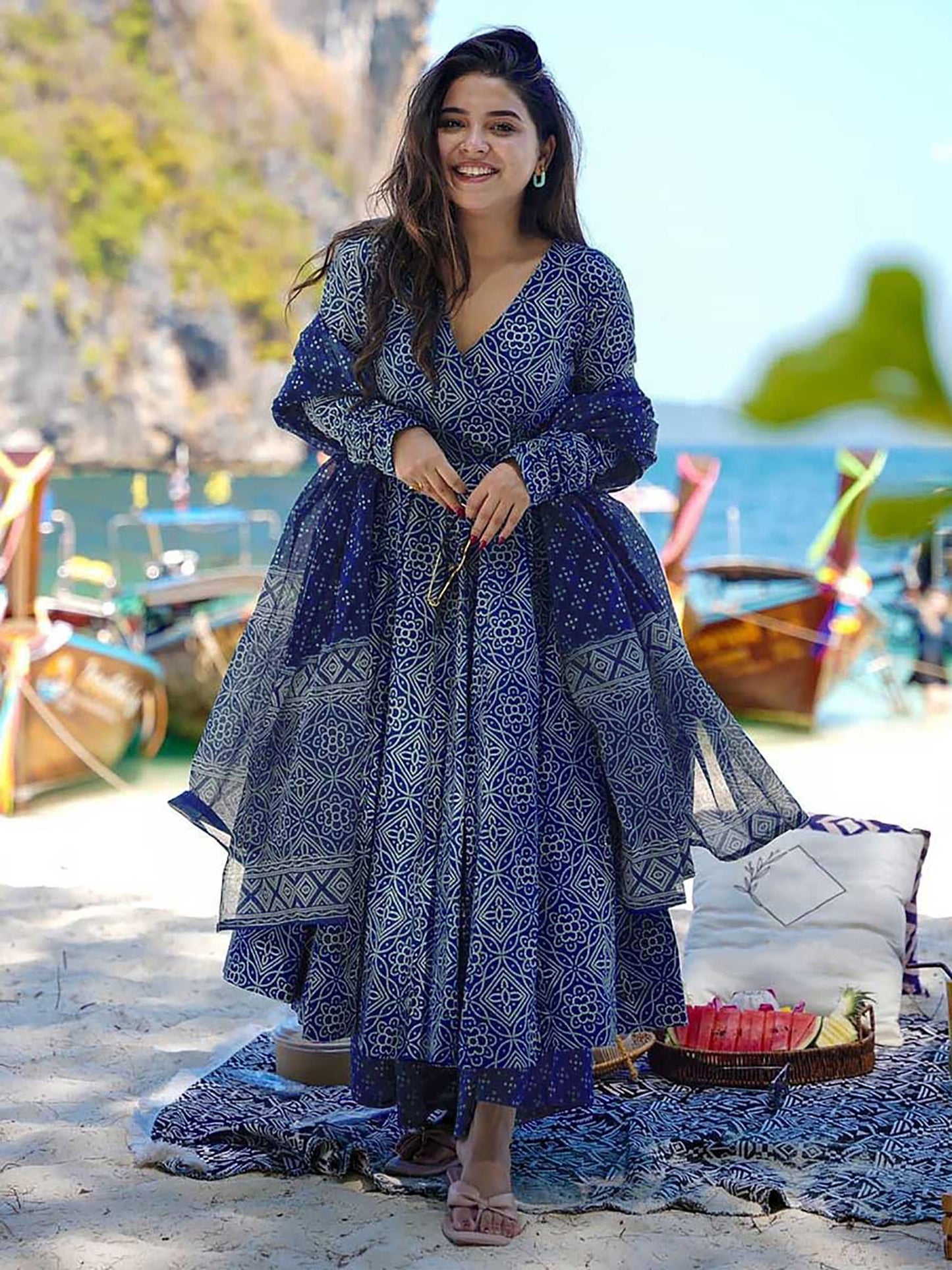 Royal blue rayon slub printed women’s anarkali pent dupatta set