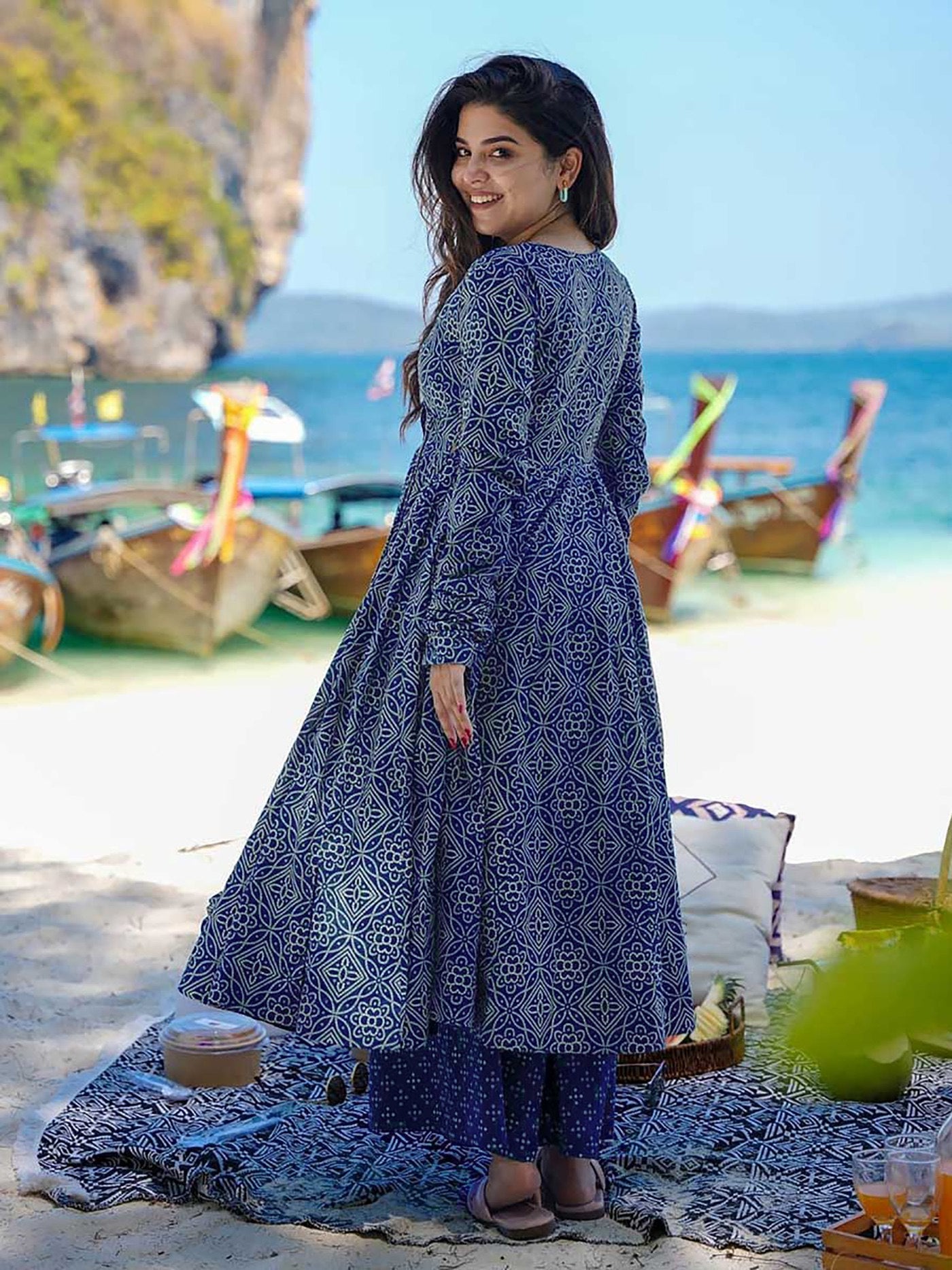 Royal blue rayon slub printed women’s anarkali pent dupatta set