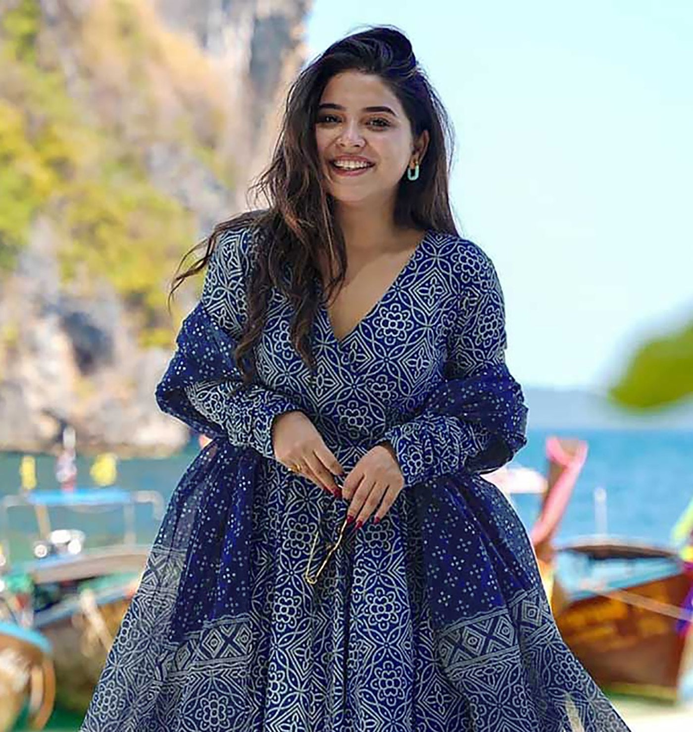 Royal blue rayon slub printed women’s anarkali pent dupatta set