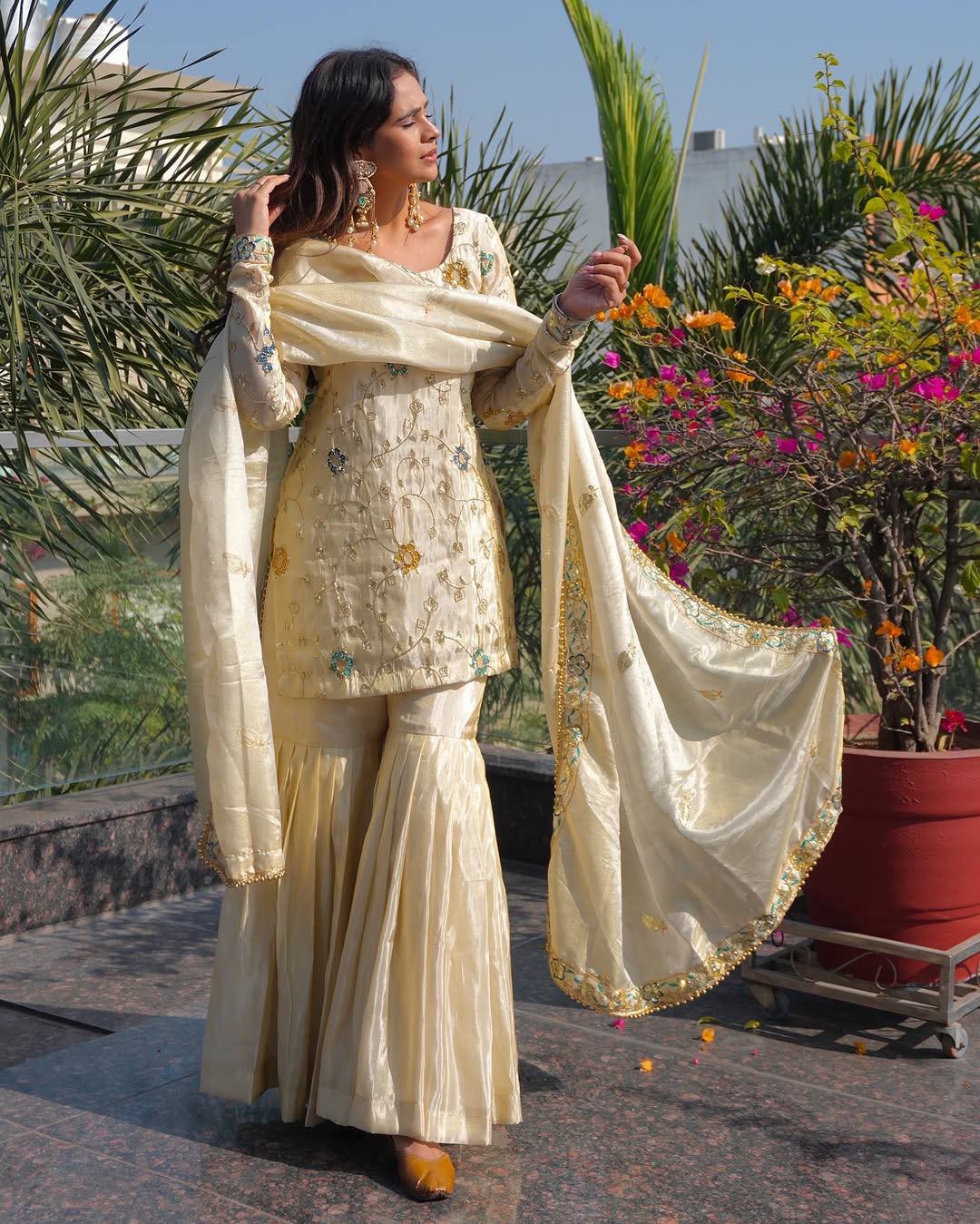 Cream pure chinon embroidery sequence work women’s ethnic wear