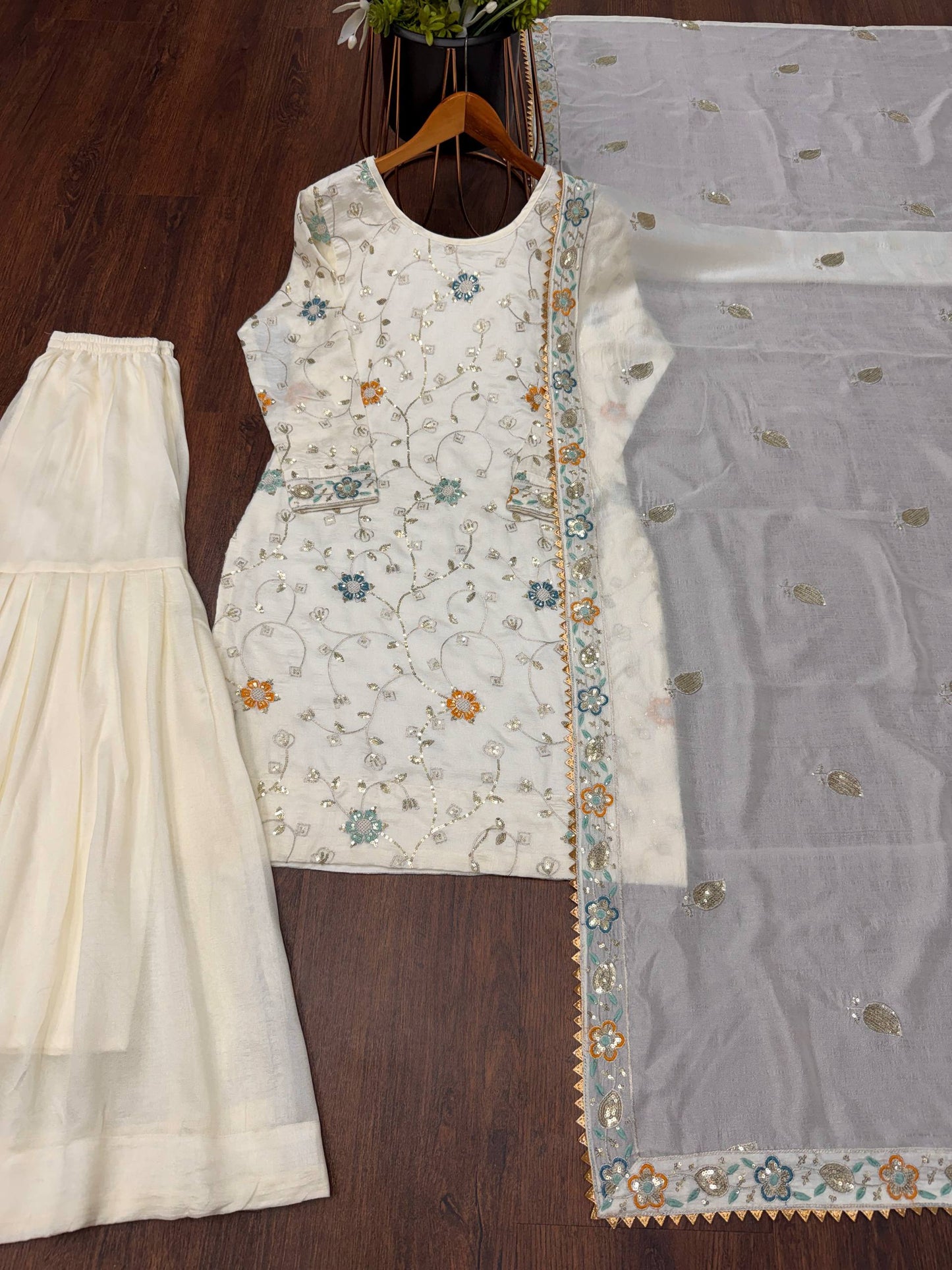 Cream pure chinon embroidery sequence work women’s ethnic wear
