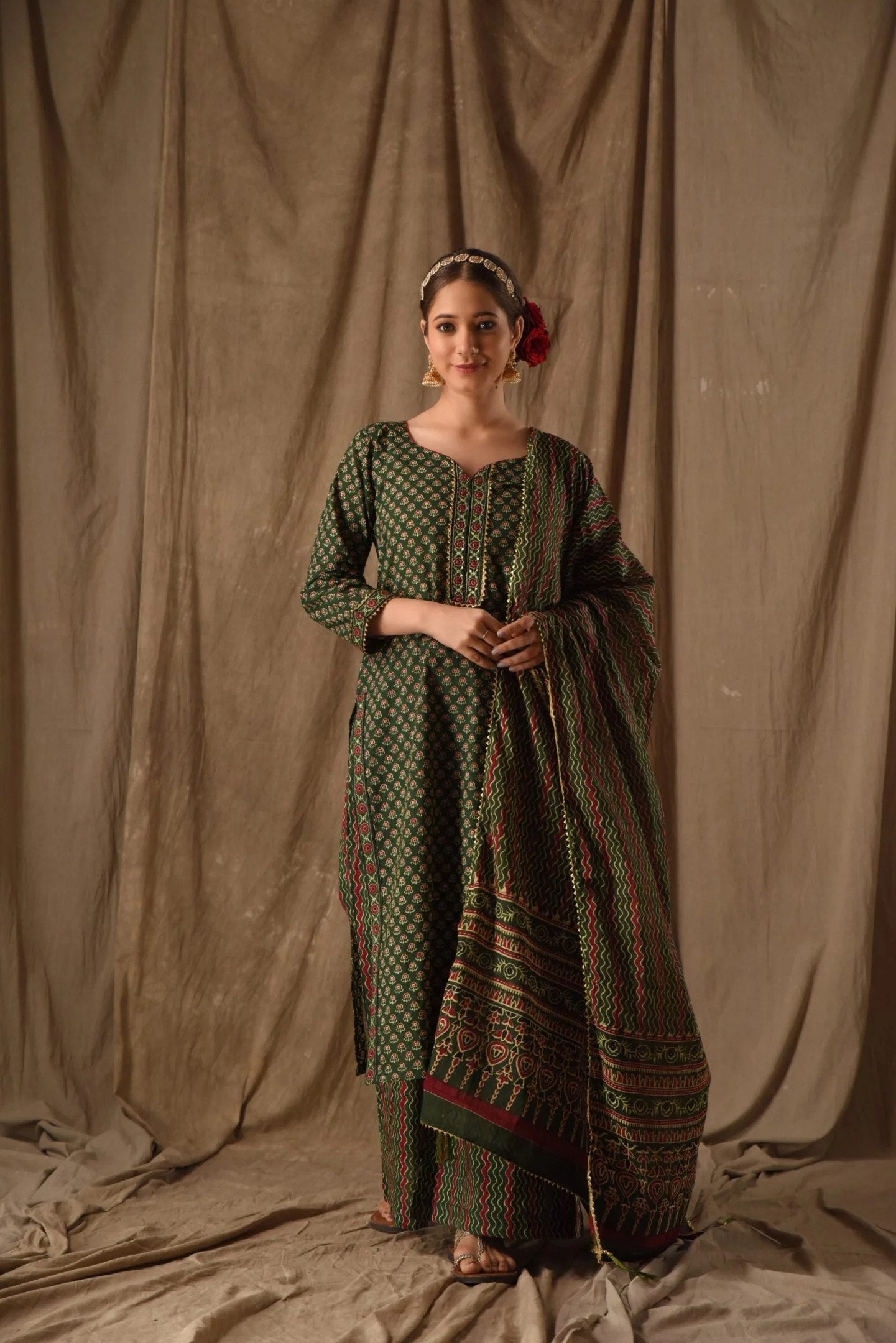 Green rayon slub printed anarkali pent dupatta set