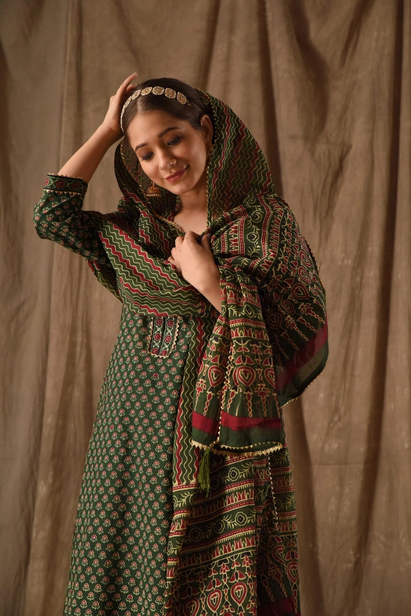 Green rayon slub printed anarkali pent dupatta set