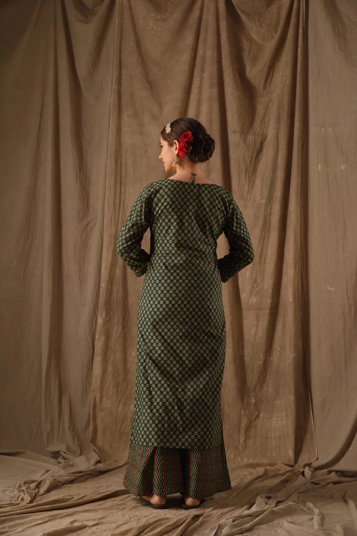 Green rayon slub printed anarkali pent dupatta set