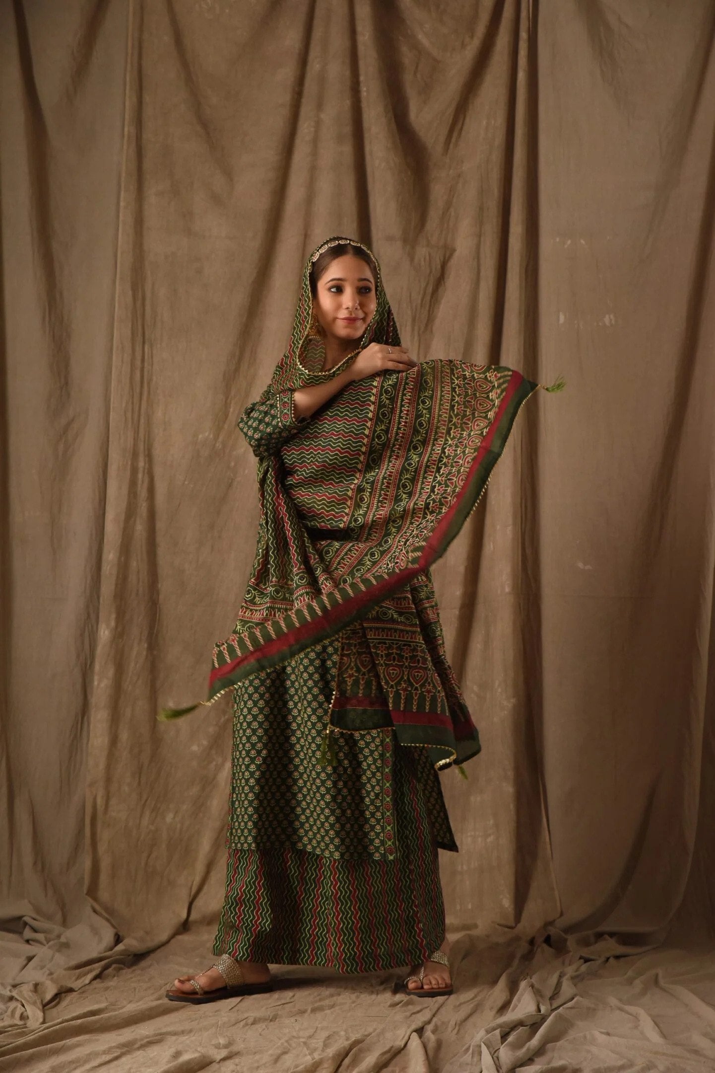 Green rayon slub printed anarkali pent dupatta set