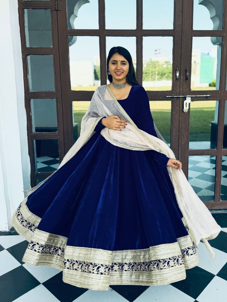 Navy blue viscose velvet with embroidery with work top-bottom and pant